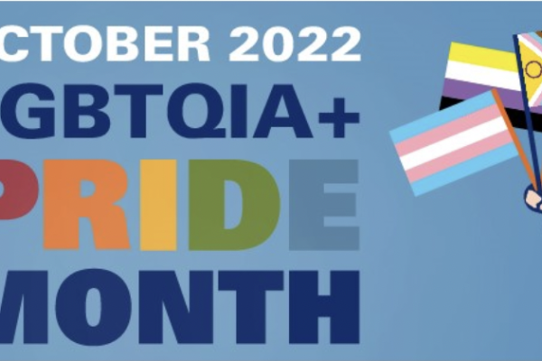 October 2022 LGBTQA+ Pride Month banner, Superfan holding pride flags