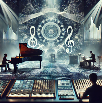 Two musicians o a stage surrounded by AI generated imagery