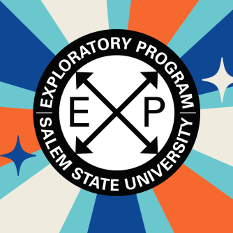 Orange, blue, and white stripes with Exploratory Program Graphic; E X P, with the X as arrows in four directions, all in black text. Surrounded by black ring with white text inside reading "Exploratory Program Salem State University"