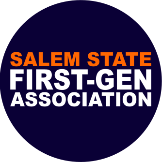 Blue circle with words "Salem State" in orange and "First-Gen Association" in white