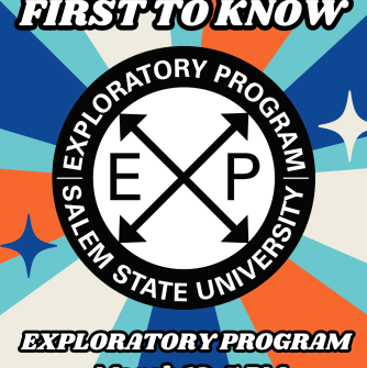 Text: "First to Know Exploratory Program March 13, 5 PM" with orange and blue strips, and Exploratory Program Graphic; E X P, with the X as arrows in four directions, all in black text. Surrounded by black ring with white text inside reading "Explora