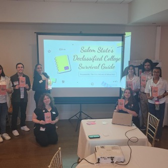Image of the Fellows holding their Zine. From left to right: Sharon Rodriguez Santos, Aiden DeCaro, Annalisse Hart, Trinity Pelletier, Kendra Hart, Liudismar Rodriguez Santos, Adrián Lebron Hernandez, and Laila Bile.