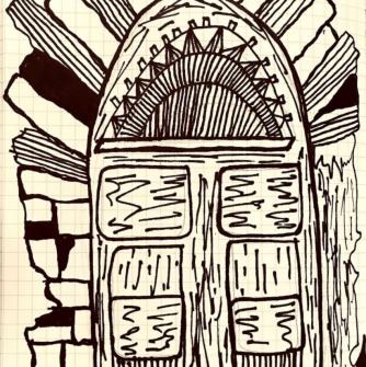 Pen and ink drawing of a stone dwelling