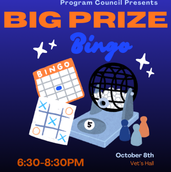 Big Prize Bingo advertisement showing bingo card and chips. It displays the date, time, and location.