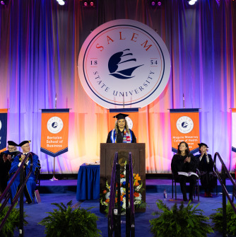 Student speaker Barbara Cruz Rodriguez speaking at Salem State University Commencement
