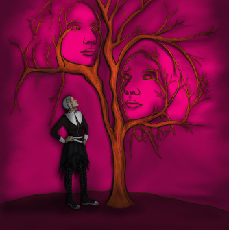 Tree with women's heads in the branches and figure in black looking at them