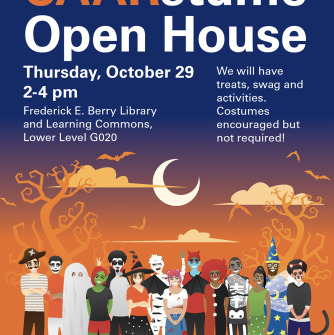 Invitation for CAAR open house on 10/29/26 from 2-4PM in the Berry Library and Learning Commons, Lower Level G020.  Image of people dressed up in halloween costumes with a spooky sky background.  The invitation states that costumes are encouraged but not required and that there will be treats and activities! 