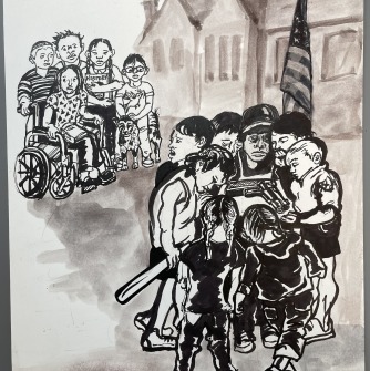 Two groups of young people one huddled in the background and one huddled in the foreground around an American flag.