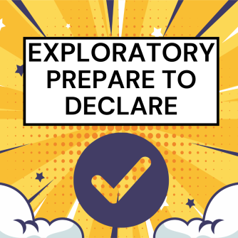 "Exploratory Prepare to Declare" with yellow lines and clouds in bottom, with check mark