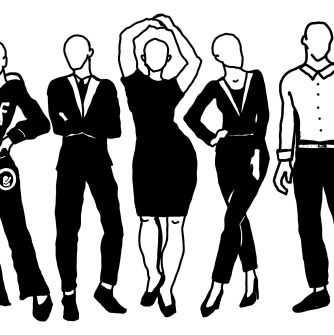 Image includes a black and white sketch of 5 fashion show models