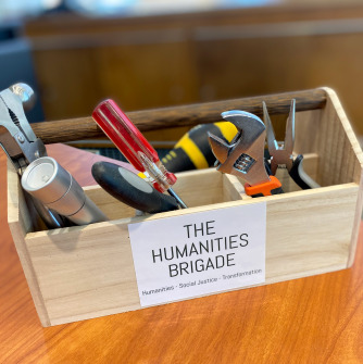 Throughout the school year, students in Salem State University's Humanities Brigade developed humanities-specific tools and skills that they later applied in the field to carry out impactful work during paid summer internships. Along the way, a motivational "Humanities Toolbox," pictured here, joined the students as a reminder of the tools they're developing to build their lives, strengthen our shared communities, and support others in the field.