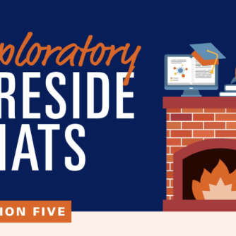 Fireplace with books, a rocket, and a light hanging with text saying "Exploratory Fireside Chats, Session 5"