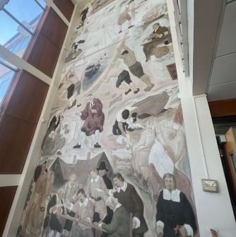 Image of the mural in the Meier Hall front stairwell, from the bottom right corner looking up