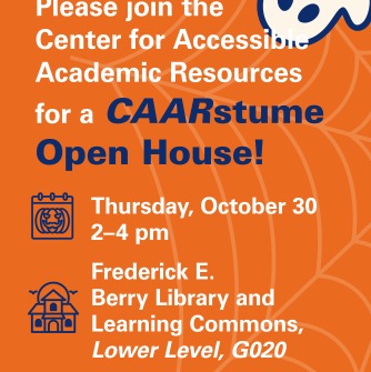 Orange Invitation for Open House with a Ghost in the top right corner.  Event is on Thursday October 30 from 2-4pm in the Berry Library and Learning Commons G020