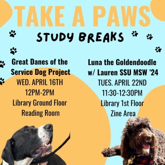 Take a Paws Study Break Announcement with Great Dane and Goldendoodle photos