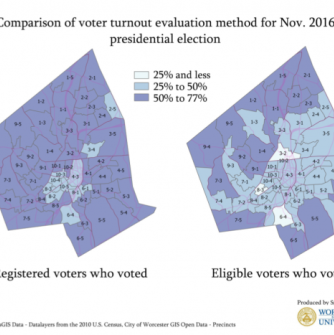 Maps comparing voter turnout calculated by registered versus elegible voters