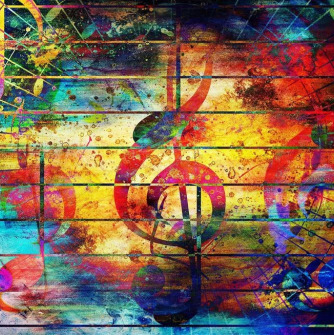 A red g clef on a staff with a multi-colored background