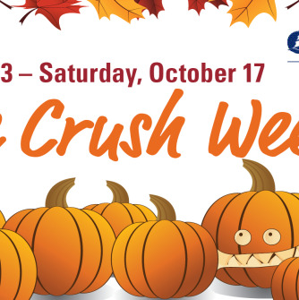 This graphic depicts the SSU Superfan carving a jack-o-lantern among pumpkins and leaves, with the Orange Crush Week banner and dates next to it.