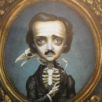 A cartoon image of writer Edgar Allen Poe with the skeleton of a raven on his shoulders.