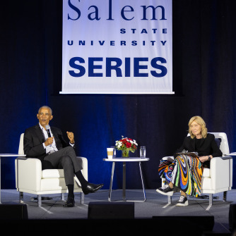 President Barack Obama speaks with Doris Kearns Goodwin on the Salem State Series stage