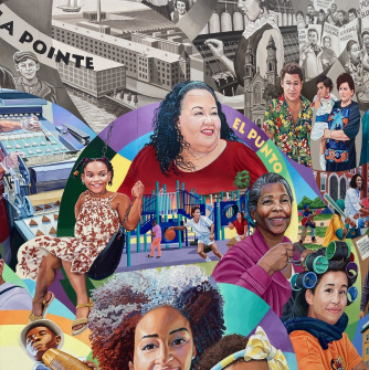 A mural painting that begins in black and white and ends in color, depicting people from The Point/El Punto neighborhood of Salem.