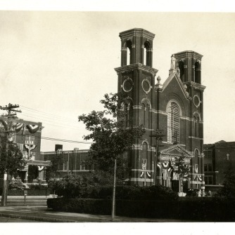 Historic street view of St. Joseph's Church in Salem.