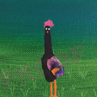 Drawing of a black chicken on a green lawn