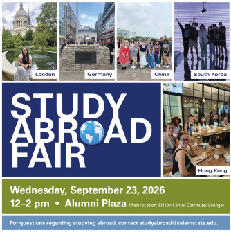 Study Abroad Fair, Wednesday, September 23 from 12-2pm on Alumni Plaza