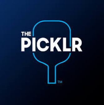 Dark blue background with a light blue pickleball paddle outline and white text that says The Picklr