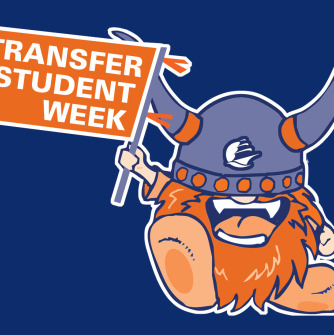 Cartoon superfan holding a "Transfer Student Week" pennant