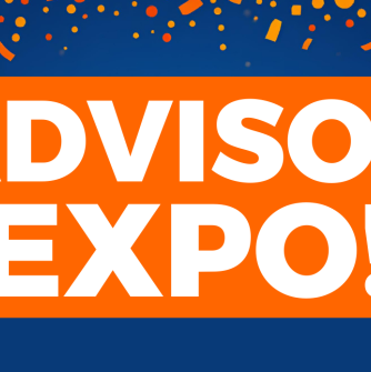 Blue background with orange confetti and the words "Advisor Expo!" in white