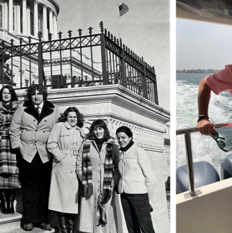 A yearbook photo of Stephen (second from top) and other members of the Student Government Association at a student conference in Washington, D.C. alongside a photo of Stephen during his travels.