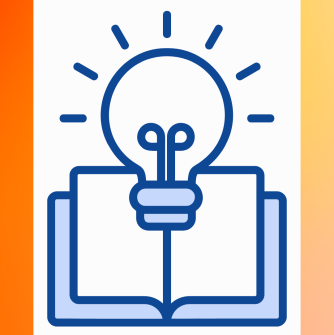 Blue outlined light bulb and book, orange background