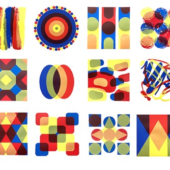 abstract compositions that use color theory (primary / secondary colors) to create the illusion of transparency and color mixing.