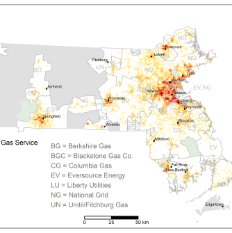 Map of utility-reported gas leak density across Massachusetts in 2019