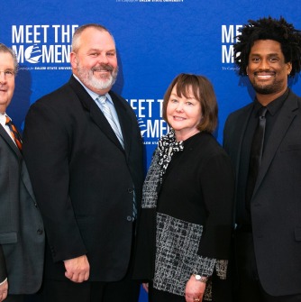 • L to R: Lee Brossoit EdD, David Dugan ’95, ’03G, Susan Maciewicz ’87G MSN, RN, CNE, CHSE, and Jabari Tovar ’16