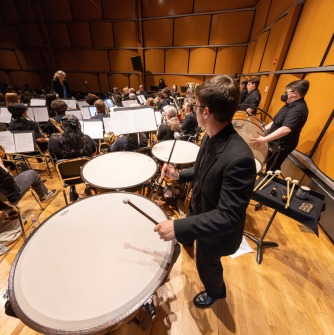 Timpani on a stage looking toward the audience
