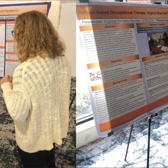 Split image of OT graduate students standing in front of their poster board presentations with Hall (on left) and Camacho Martinez (on right).