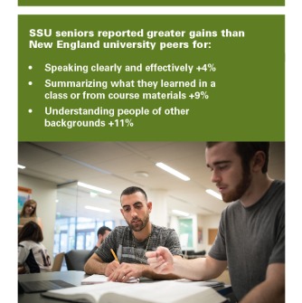 Photo of two students working at a table with senior student results from NSSE highlighted