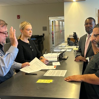 Angel Garcia is sworn in as a student member of the Salem State University Board of Trustees in Salem Superior Court Thursday, Sept. 12.