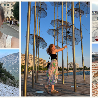 A collage of photos of Salem State student Ella Speidel during her time studying abroad in Greece. Photos include a selfie with another person, Ella dining, Ella at an art installation, and Ella on top of Mount Olympus.