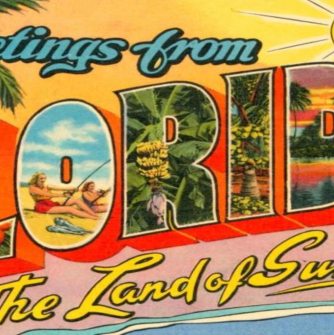 Florida postcard graphic with all things Florida including sunshine and palm trees