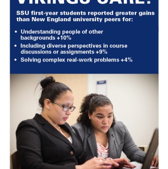 Photo of two students working from a laptop with first-year student results from NSSE highlighted