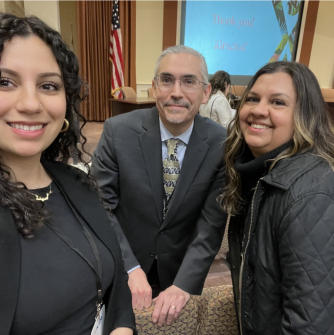 Amina Miliani, Professor Marcos Luna, and Asst VP for HSI-MSI Initiatives Elisa Castillo