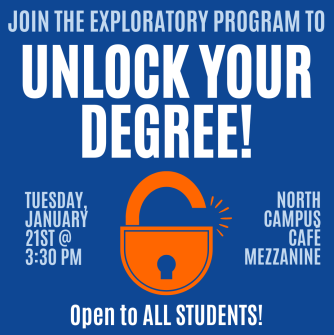 Join the Exploratory Program to Unlock your Degree! Tuesday, January 21st @3:30 PM, North Campus Cade Mazzanine, open to ALLstudents! Orange lock in the middle of text.
