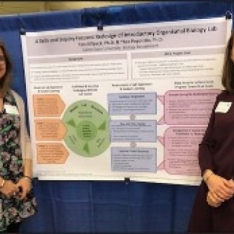 Professors Tess Killpack and Thea Popolizio standing near their project poster smiling