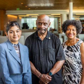 Henrietta ’75 and Arthur ’12H Gerald with scholarship recipient Keyla Romero-Velasquez ’23
