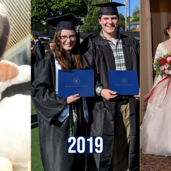 Photos of Reagan and Liam Jones in 2015, when they first met, in 2019, when they graduated, and 2020, when they got married.