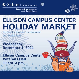 Superfan with hot chocolate and holiday market date, time and location on the poster