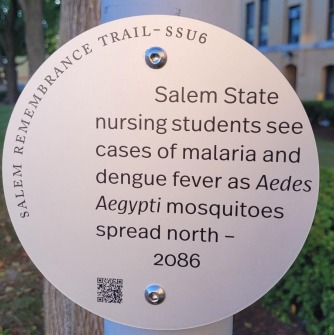 One of the newly nstalled climate plaques contains a message from 2086 about the spread northward of tropical diseases such a malaria and dengue fever.